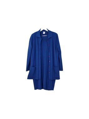 ​VTG Kasha de Rodier 2 Piece Dress Cardigan Knit Set L Cobalt Blue Ribbed 80s
